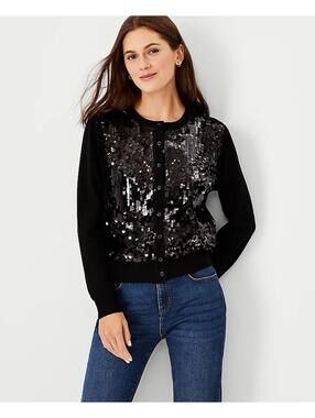 ANN TAYLOR NWT Women’s Petite Sequin Front Ann Cardigan In Black-Petite Medium